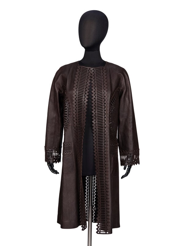 Gianfranco Ferre, Laser-Cut Leather Jacket: Gianfranco Ferre, Laser-Cut Leather Jacket Open-front duster jacket in laser-cut brown sheepskin leather. Collarless round neckline. Full-length incorporated sleeves. Two patch pockets at h