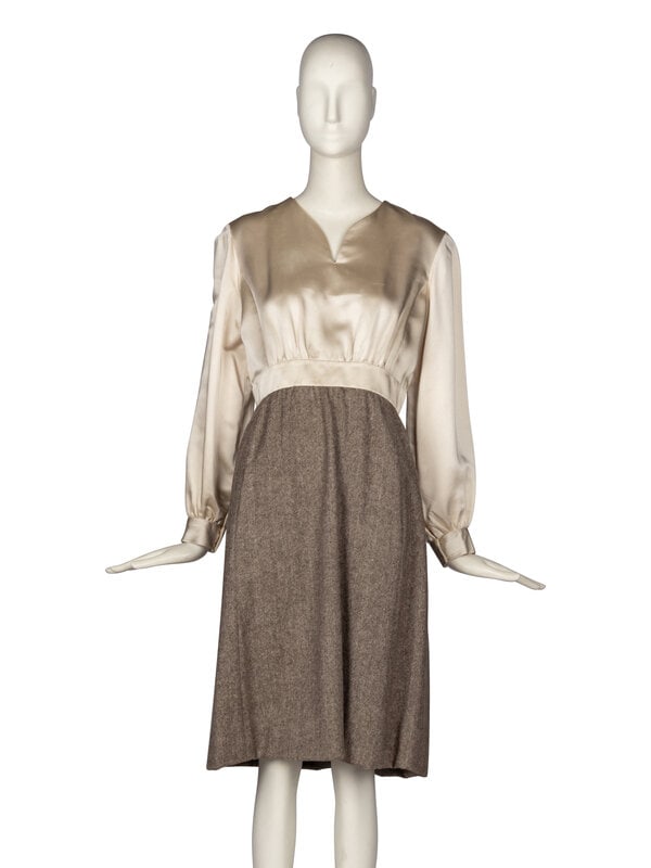 Claudia by George Halley, Dress & Coat Ensemble : Claudia by George Halley, Dress & Coat Ensemble THE FIRST A-line knee length overcoat in brown herringbone wool. Notch lapel collar. Inset sleeves. Two in-seam pockets at front. Brown button