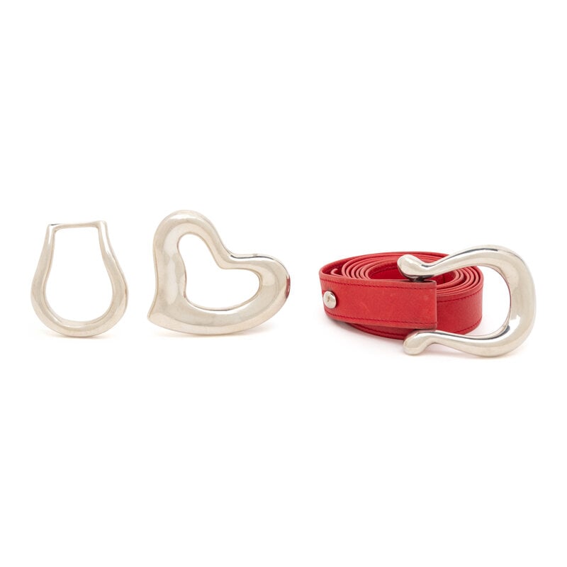 Elsa Peretti, Tiffany & Co,; Red Leather Belt & Three Silver Buckles: Elsa Peretti, Tiffany & Co,; Red Leather Belt & Three Silver Buckles Leather belt and set of three interchangeable buckles. Belt in red calfskin leather; with two horseshoe buckles and one