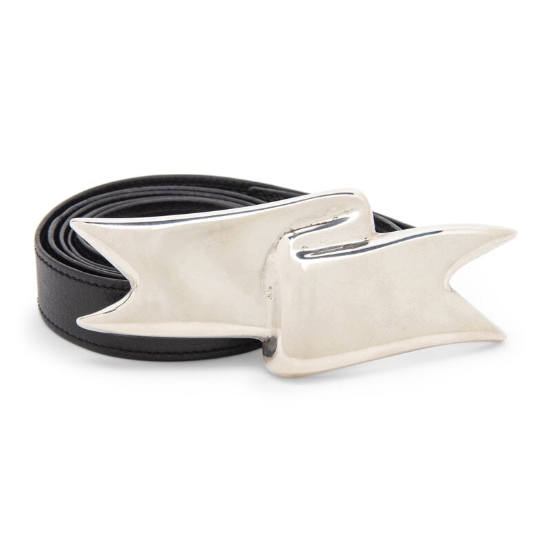 Angela Cummings, Tiffany & Co.; Silver 'Ribbon' Buckle & Black Leather Belt, 1984: Angela Cummings, Tiffany & Co.; Silver 'Ribbon' Buckle & Black Leather Belt, 1984 Belt in black calfskin leather with sterling silver 'Ribbon' buckle. Label: Tiffany & Co.; Angela