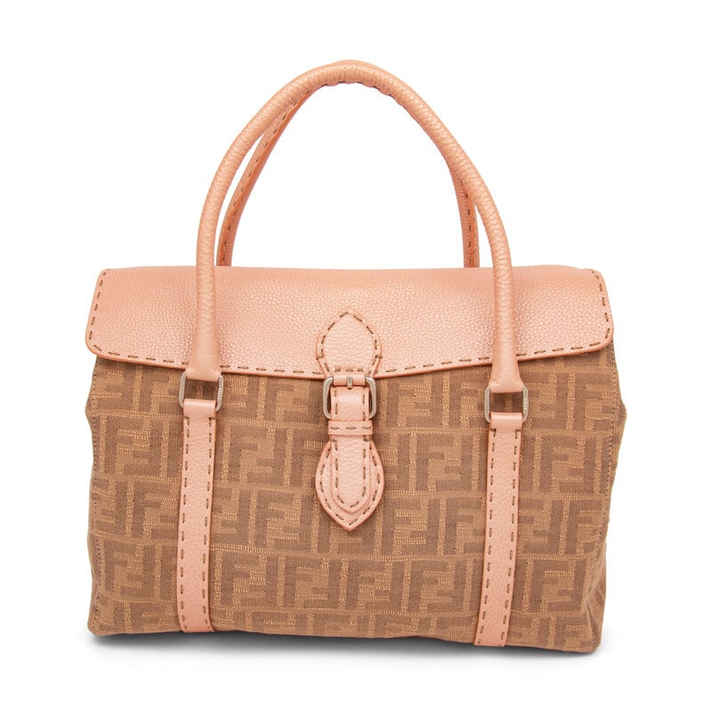 Fendi, Monogram Jacquard & ink Leather Handbag: Fendi, Monogram Jacquard & ink Leather Handbag Linda Zucca bag in beige Fendi monogram jacquard and pearlescent pink grained leather with tonal topstitching. Magnetic snap closure and