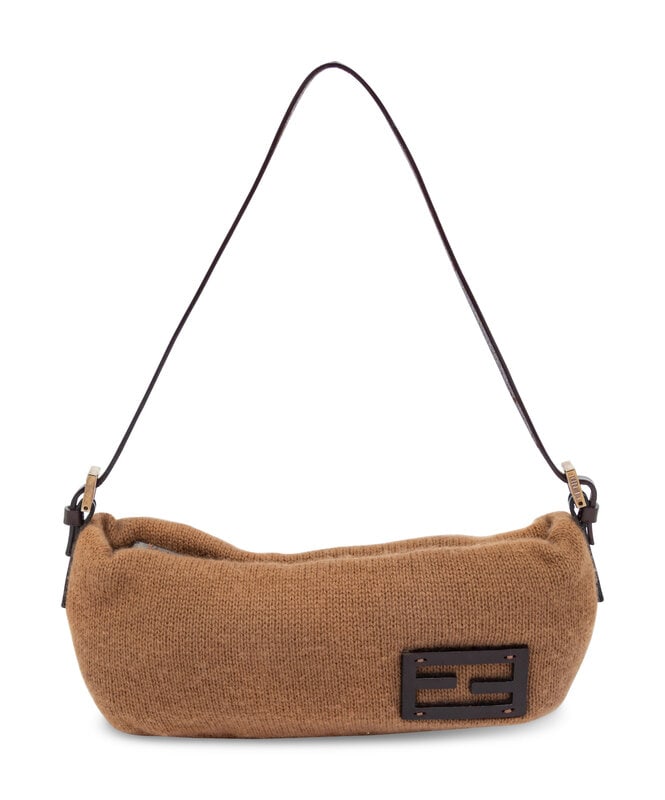 Fendi, Knitted Cashmere Baguette: Fendi, Knitted Cashmere Baguette Baguette bag in light brown cashmere knit with dark brown leather details and silver-tone hardware. Zipper closure and flat leather strap. Label: Fendi 