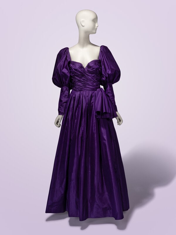 Loris Azzaro Haute Couture, Convertible Purple Taffeta Evening Gown: Loris Azzaro Haute Couture, Convertible Purple Taffeta Evening Gown Convertible long sleeve/strapless evening gown in royal purple silk taffeta. Sweetheart neckline with fitted, draped, and ruched