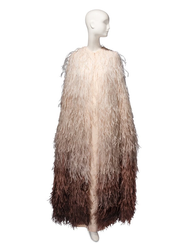 Guy Laroche Haute Couture, Beaded Cream Gown & Ostrich Cape : Guy Laroche Haute Couture, Beaded Cream Gown & Ostrich Cape DRESS Full-length column gown in bias-cut cream silk crêpe with clear bead embellishments at proper left side of gown. Round