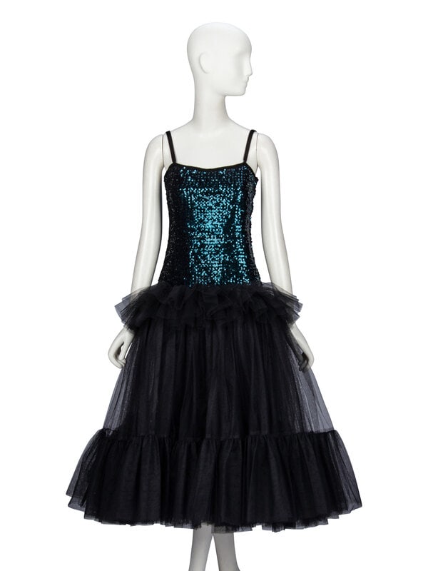 Saint Laurent Rive Gauche, Sequin & Tulle Cocktail Dress, 1983: Saint Laurent Rive Gauche, Sequin & Tulle Cocktail Dress, 1983 Sleeveless cocktail dress. Teal sequin-embellished bodice with black velvet trim & shoulder straps. Slightly drop-waisted.