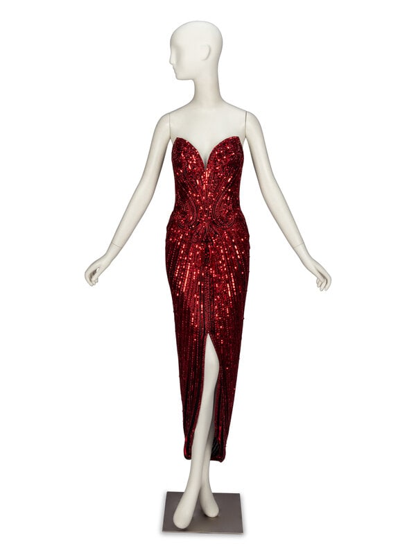 Bob Mackie, Red Sequined Strapless Gown: Bob Mackie, Red Sequined Strapless Gown Strapless hourglass evening gown in red sequin & bead embellished black silk tulle. Sweetheart neckline. Boning throughout bodice. Knee-high slit at