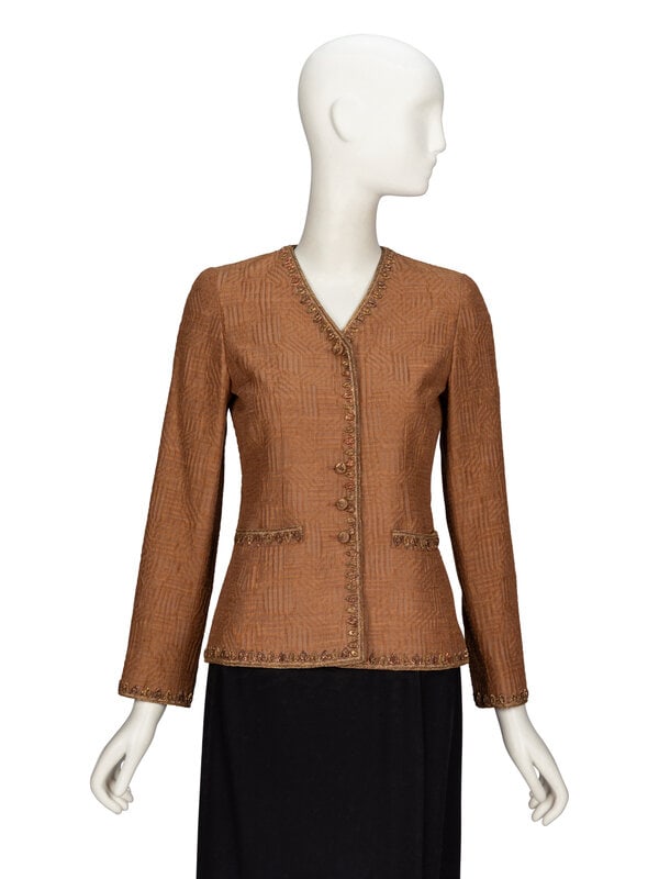 Balmain, Embellished Jacket: Balmain, Embellished Jacket Tailored jacket in brown geometric-patterned jacquard with metallic gold & bronze embroidered embellishments throughout. Collarless V neckline. Light padding at