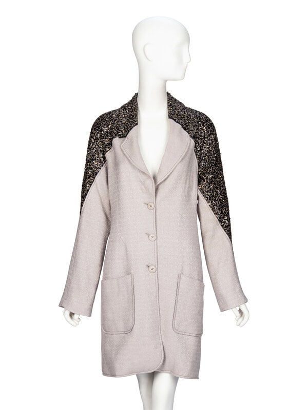 Nina Ricci, Sequin-Embellished Coat: Nina Ricci, Sequin-Embellished Coat Knee-length coat in grey wool-blend twill jacquard; with black & gold sequin embellishments at shoulders and collar. Slightly asymmetric collar &