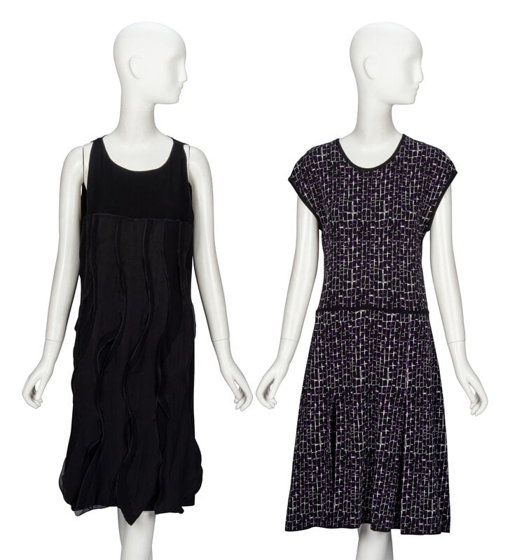 Bottega Veneta, Two Dresses: Bottega Veneta, Two Dresses THE FIRSTSleeveless dress in black polyester/silk-blend satin-back crêpe; with black self & silk organza ruffle embellishments at front. Collarles