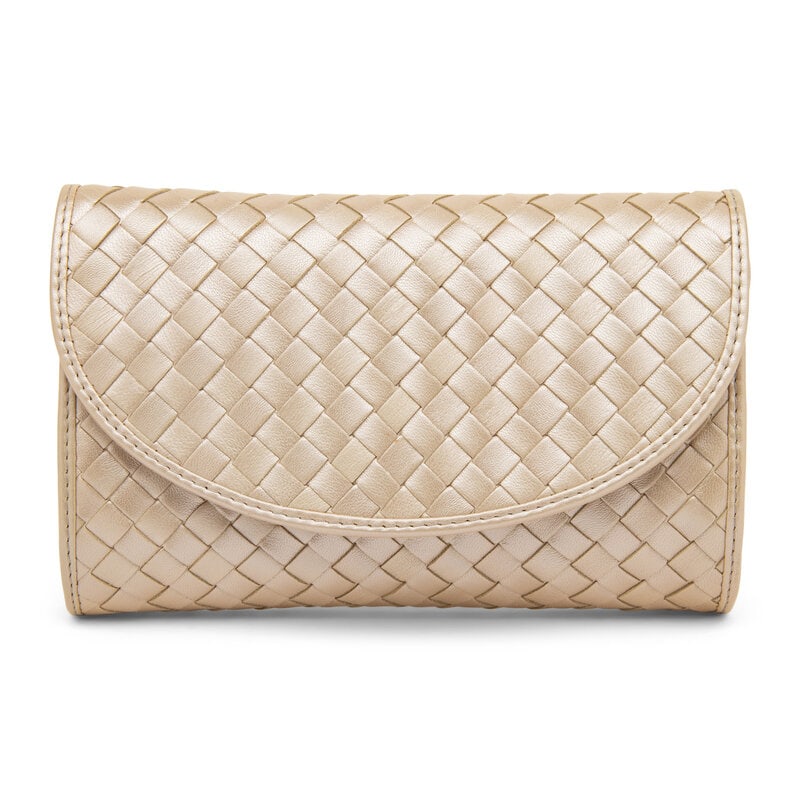 Bottega Veneta, Metallic Intrecciato Clutch/Shoulder Bag: Bottega Veneta, Metallic Intrecciato Clutch/Shoulder Bag Convertible clutch/shoulder bag in metallic champagne intrecciato-woven lambskin leather. X closure and X strap/handle. Label: Bottega