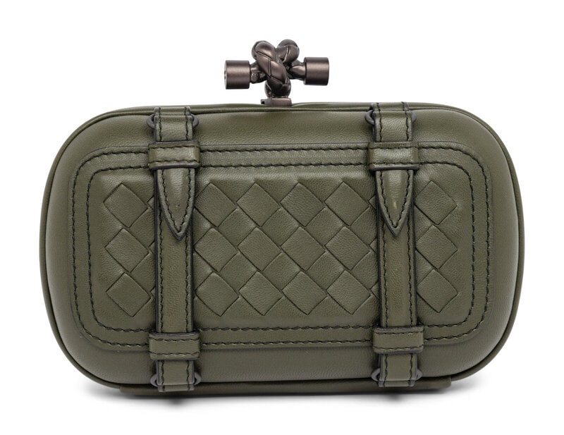 Bottega Veneta, Olive Green Buckled Knot Clutch: Bottega Veneta, Olive Green Buckled Knot Clutch Knot clutch in olive green leather with woven intrecciato and buckled strap details. Matte gunmetal hardware and push-lock clasp closure. Label: