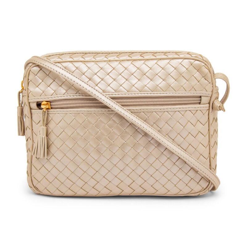 Bottega Veneta, Metallic Intrecciato Shoulder Bag : Bottega Veneta, Metallic Intrecciato Shoulder Bag Shoulder bag in metallic champagne intrecciato-woven leather lambskin leather. Zipper closure and flat leather strap. Label: Bottega Veneta Date: