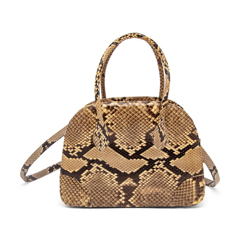 Judith Leiber, Python Handbag : Judith Leiber, Python Handbag Handbag/shoulder bag in natural Python skin with gold-tone hardware. Zipper closure, rolled snakeskin handles, and removable snakeskin shoulder strap.