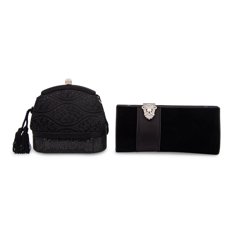 Judith Leiber, Two Black Evening Bags: Judith Leiber, Two Black Evening Bags THE FIRSTEvening case clutch/shoulder bag in black satin and black jacquard with tonal rhinestone embellishments throughout. Push-lock closure an