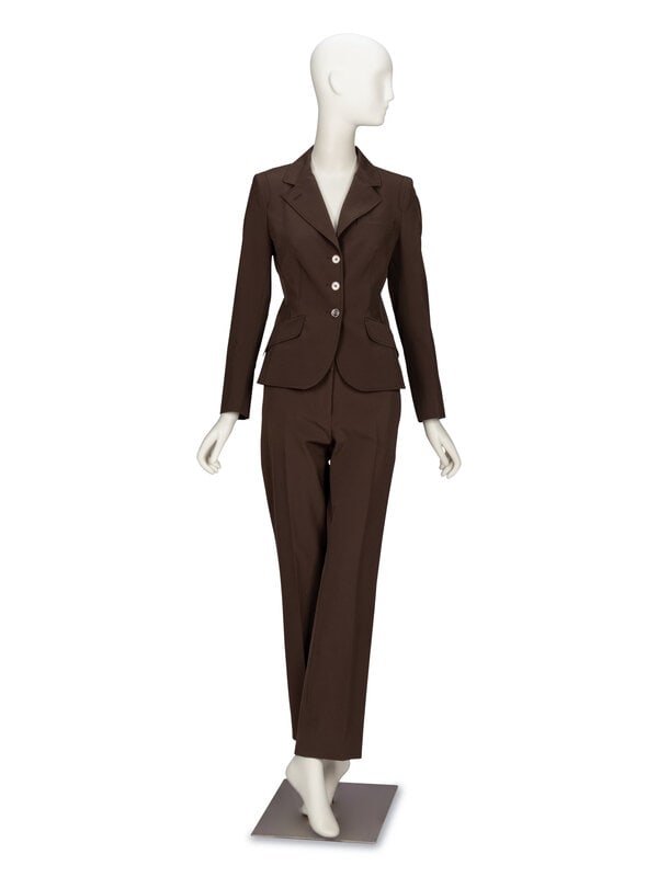 Prada, Khaki Twill Pantsuit: Prada, Khaki Twill Pantsuit THE FIRST Fitted suit jacket in deep khaki green polyester/elastane-blend twill. Decorative topstitching throughout. Notched lapels. Padding at shoulders. Full-length