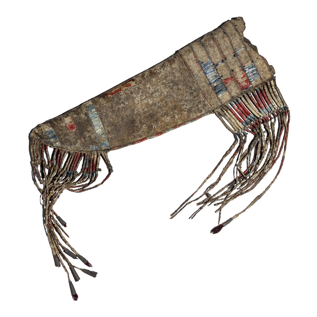 Metis Quilled Buffalo Hide Knife Sheath: Metis Quilled Buffalo Hide Knife Sheath third quarter 20th century thick, soft hide decorated with remnants of red, blue, and cream quillwork; quilled hide slats finish with fringe and tin cones;