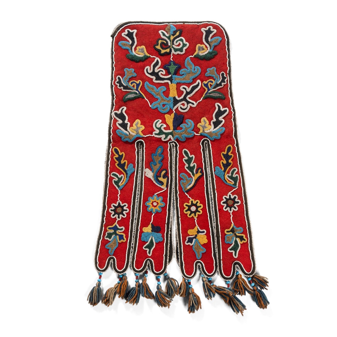 Metis Beaded Octopus Bag: Metis Beaded Octopus Bag late 19th century thread-sewn on red trade wool and lined with a patterned cotton cloth; beaded on one side with a floral design in colors of greasy blue, white, navy blue,