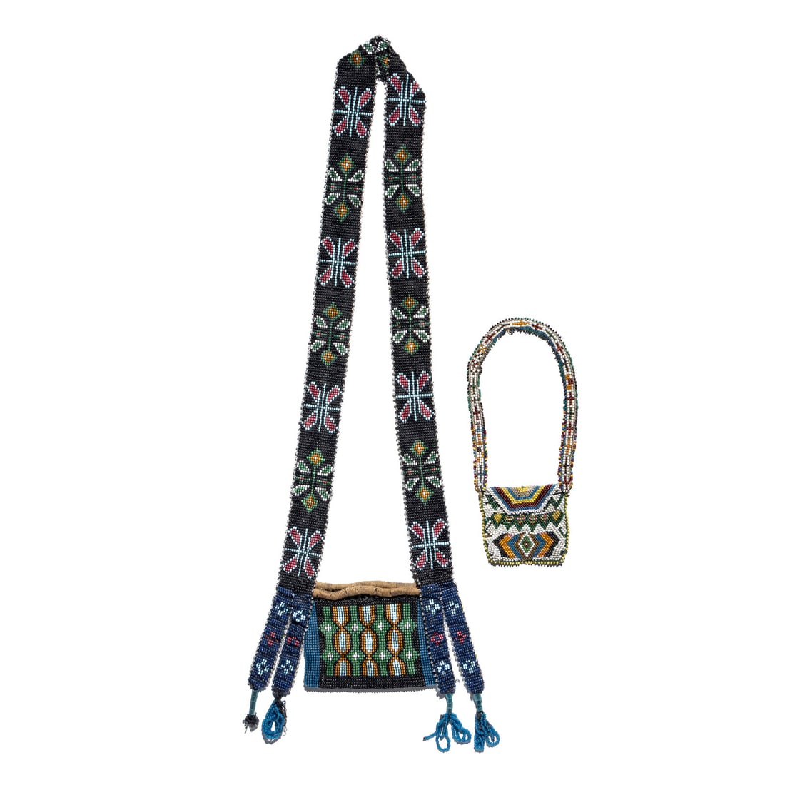 Kickapoo and Meskwaki Loom Beaded Charm Bags: Kickapoo and Meskwaki Loom Beaded Charm Bags early 20th century lot of 2, includes: a small bag identified as Kickapoo; beaded in cobalt, orange, greasy yellow, white, translucent green, and rose,