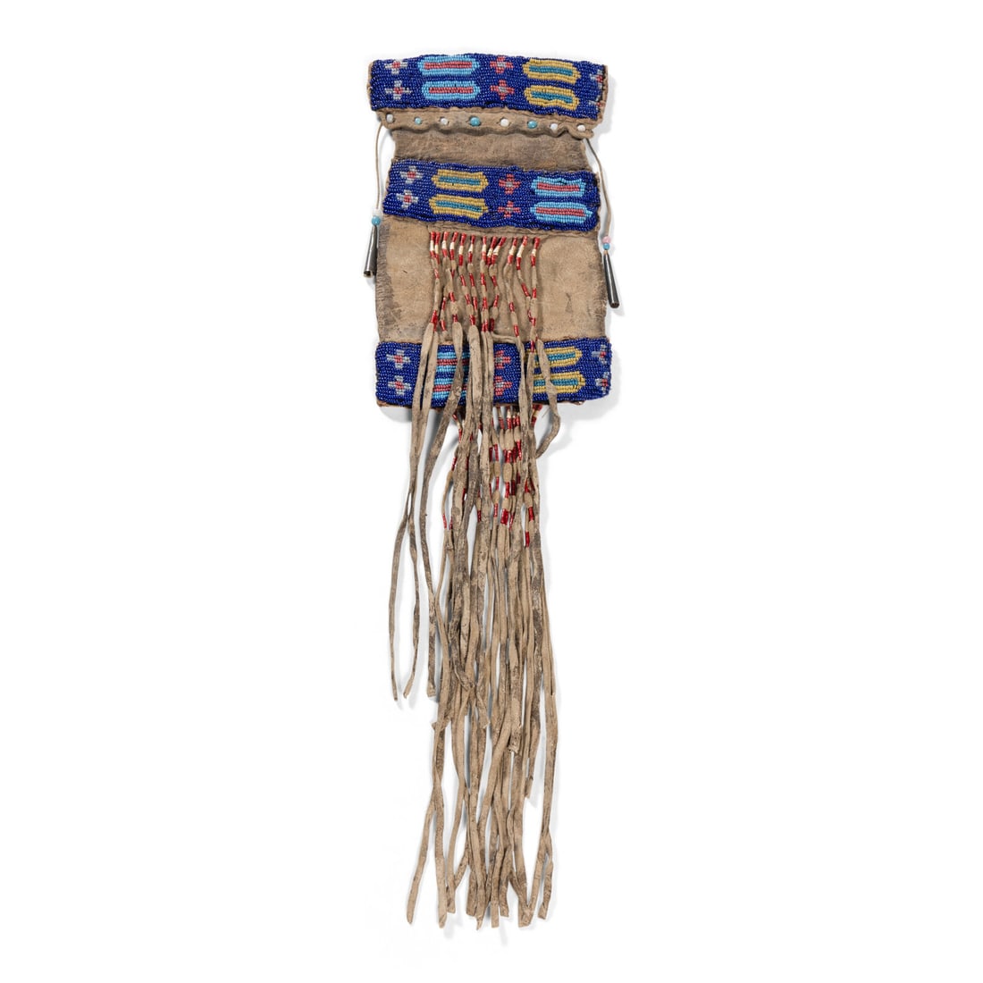 Eastern Plains Beaded Hide Bag: Eastern Plains Beaded Hide Bag fourth quarter 19th century thread and sinew-sewn; beaded on thick hide in colors of dark blue, pony trader blue, light blue, red white-heart, greasy yellow, and clear;