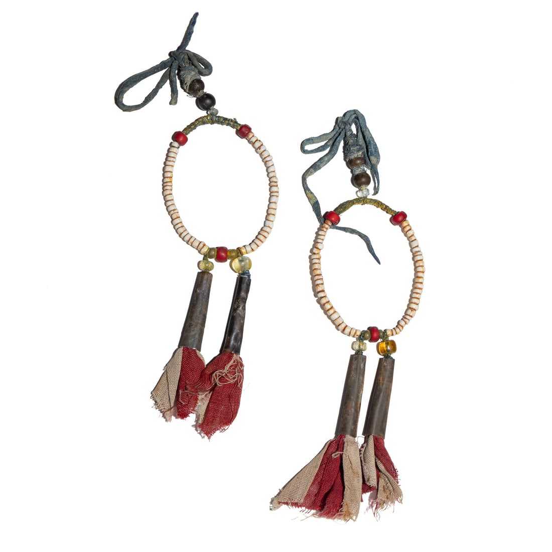 Plains Beaded Earrings, with Remnants of American Flag: Plains Beaded Earrings, with Remnants of American Flag fourth quarter 19th century wrapped wire strung with white and red pony beads; tin cones are filled with remnants of the American Flag; blue