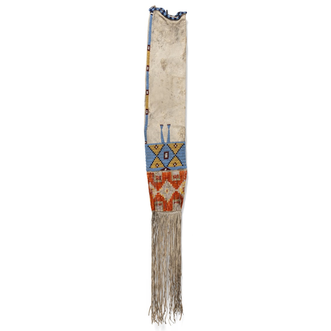 Sioux Beaded Hide Tobacco Bag: Sioux Beaded Hide Tobacco Bag late 19th century thread and sinew-sewn; beaded using colors of yellow, translucent burgundy, navy blue, and yellow against a light blue ground; featuring a mirroring hou