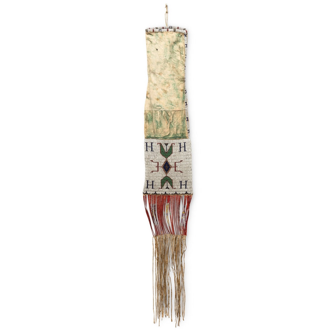Sioux Beaded Hide Tobacco Bag: Sioux Beaded Hide Tobacco Bag fourth quarter 19th century thread and sinew-sewn; beadwork in colors of white, dark blue, greasy yellow, red white-heart, and cut brass; throat coated with green pigment