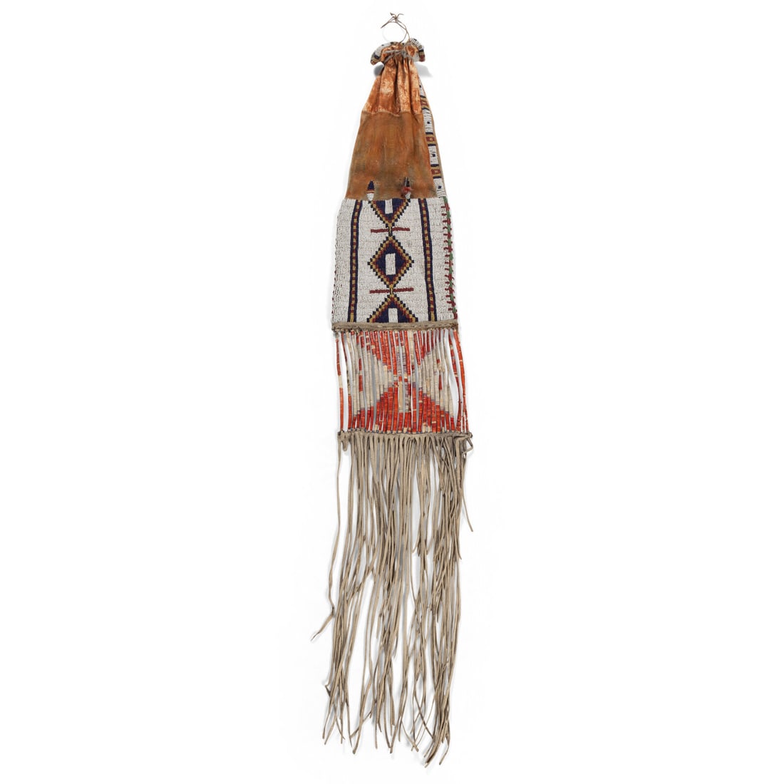 Sioux Beaded Hide Tobacco Bag: Sioux Beaded Hide Tobacco Bag late 19th century thread and sinew-sewn softly tanned, thick hide; beaded in colors of greasy yellow, red white-heart, cobalt, pea green, and white; orange and green pigm