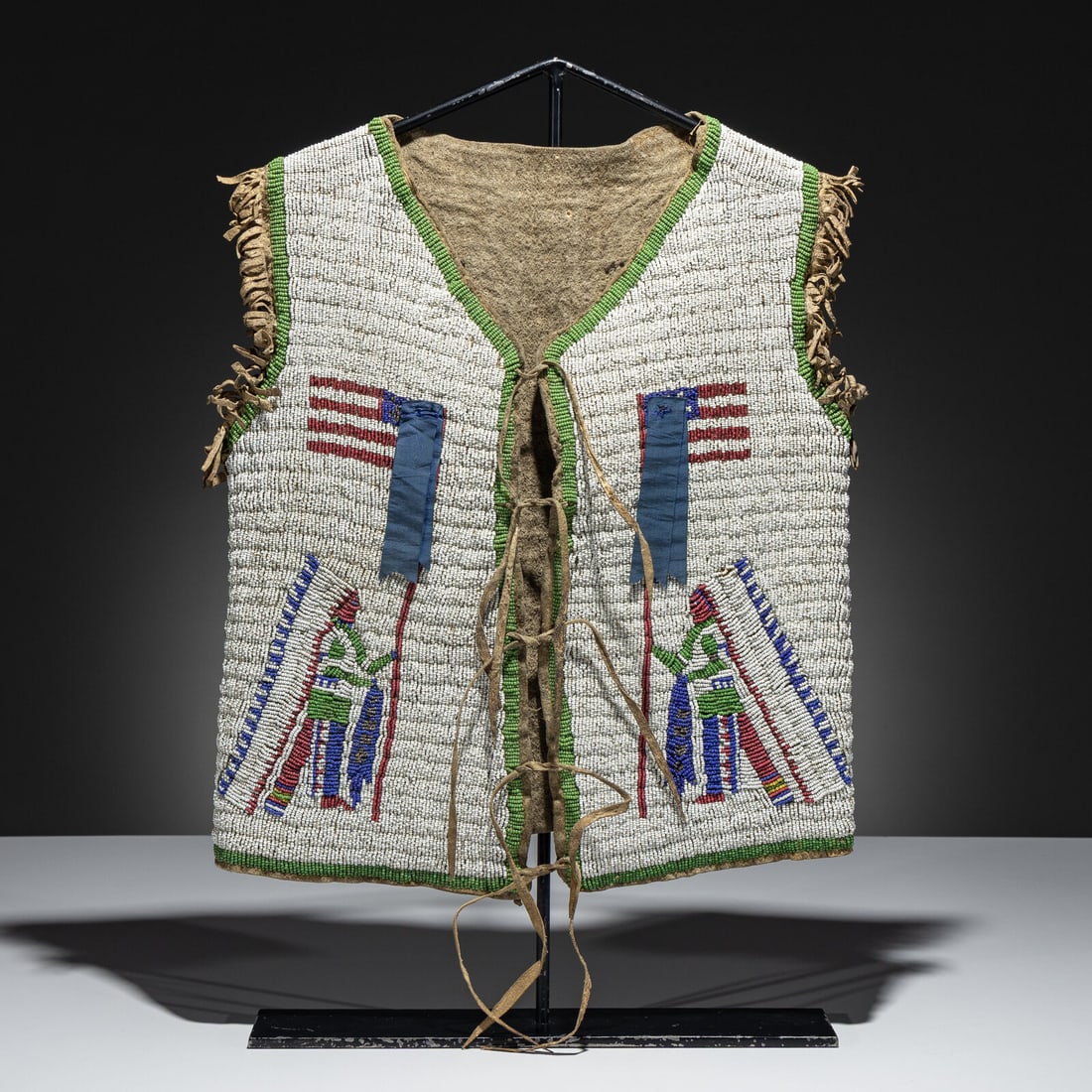 Sioux Beaded Buffalo Hide Pictorial Vest, American Flags and Warriors - 2
