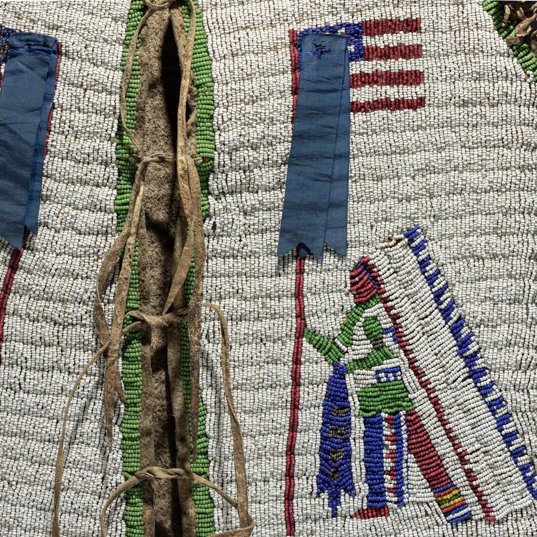 Sioux Beaded Buffalo Hide Pictorial Vest, American Flags and Warriors - 3