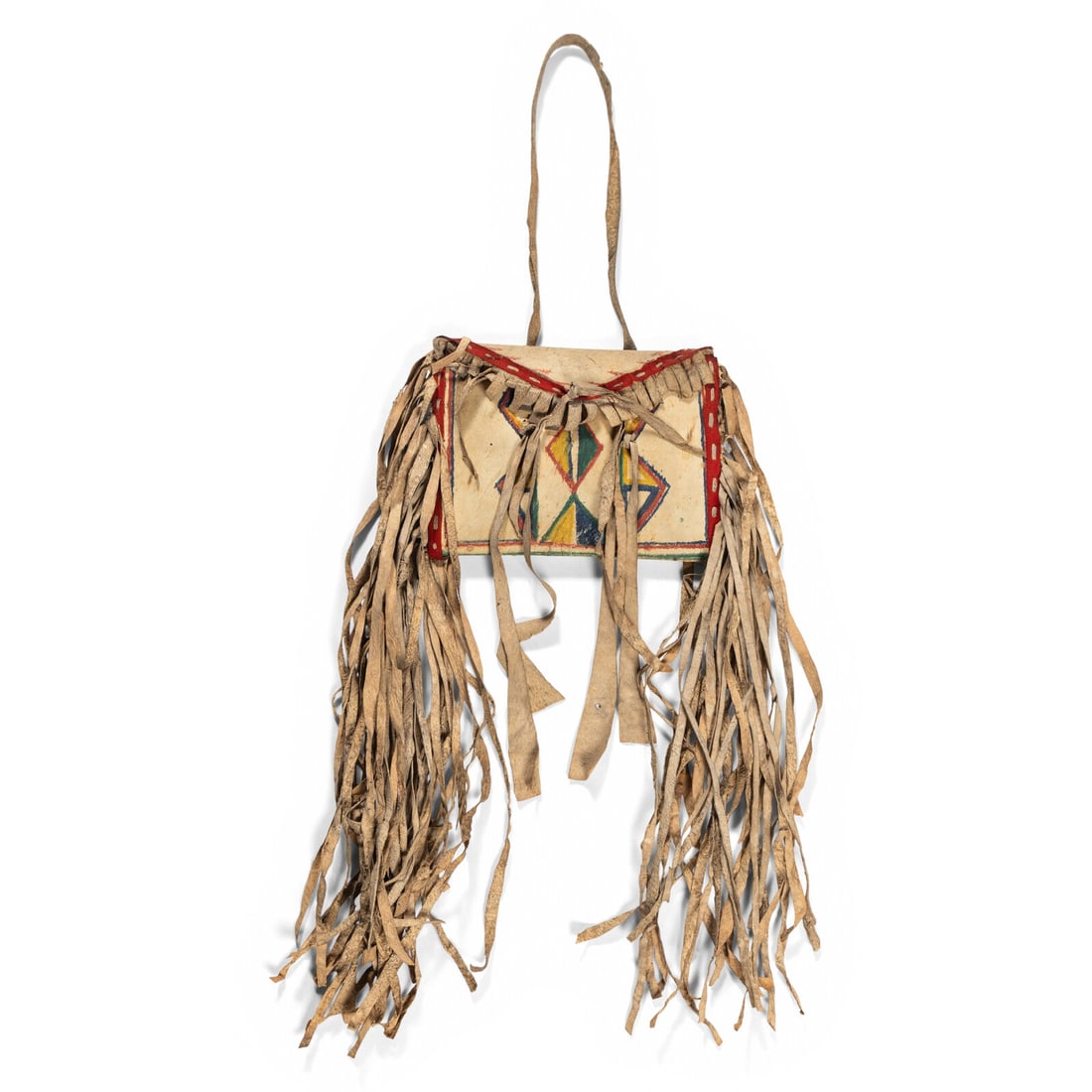 Sioux Painted Parfleche Case: Sioux Painted Parfleche Case early 20th century painted in red, blue, green, and red; edged with red wool twill ribbon; long side fringe overall length 23 inches x width 12 inches Property From a