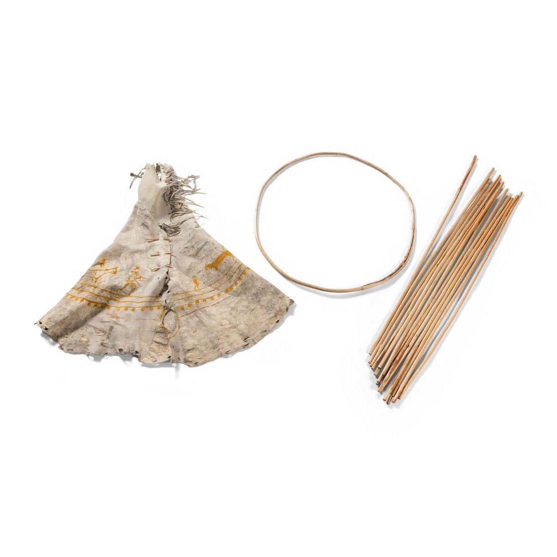 Plains Painted Model Hide Tipi: Plains Painted Model Hide Tipi fourth quarter 19th century softly-tanned hide; painted with five horses, three men on horseback, and two men on foot; 13 poles and one bentwood hoop length of pole 30