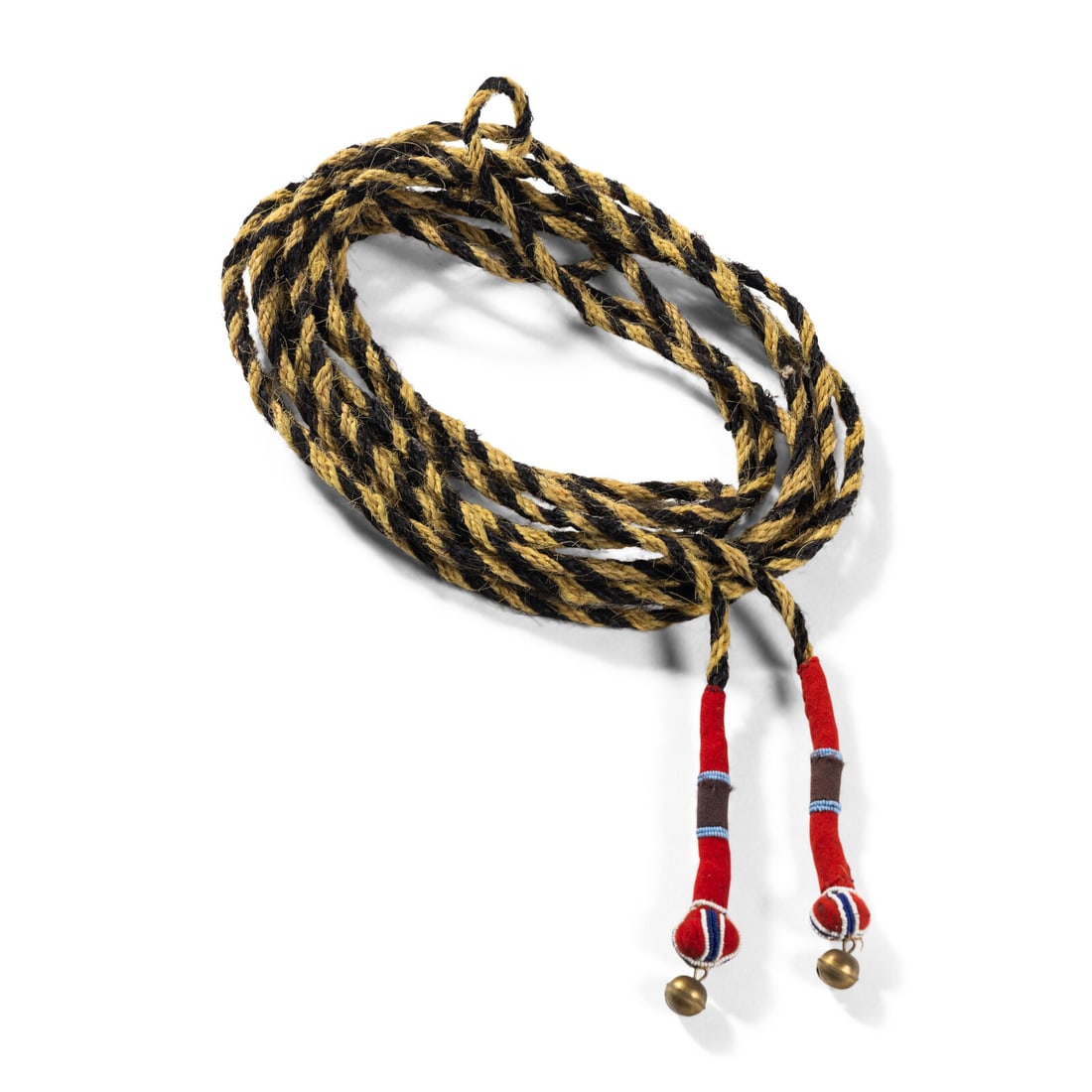 Apsáalooke [Crow] Braided Horsehair Mecate: Apsáalooke [Crow] Braided Horsehair Mecate fourth quarter 19th century woven of alternating black and dyed yellow horsehair braided into a single strand; each end is finished with wrapped red