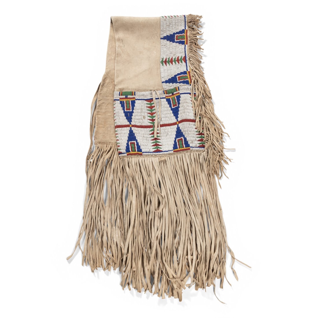 Cheyenne Beaded Hide Saddle Bags: Cheyenne Beaded Hide Saddle Bags late19th century sinew-sewn on soft hide; beaded geometrics in royal blue, yellow, green, and red white-heart against a white ground; fringe lines the outer and lower