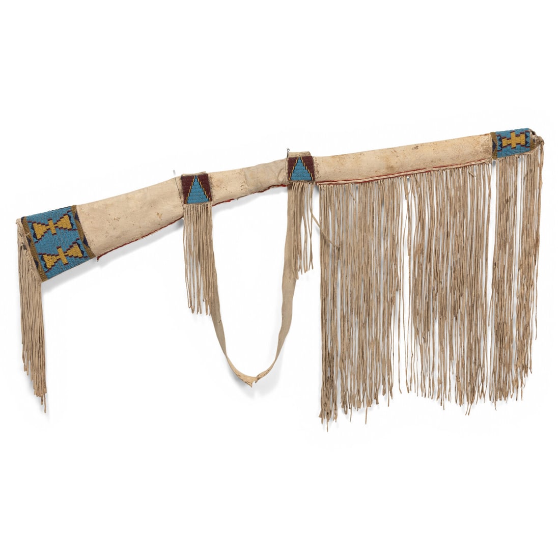 Sioux Beaded Hide Rifle Scabbard: Sioux Beaded Hide Rifle Scabbard fourth quarter 19th century sinew-sewn on soft hide; beaded with geometric elements on either end in colors of translucent gold, translucent burgundy, navy blue,