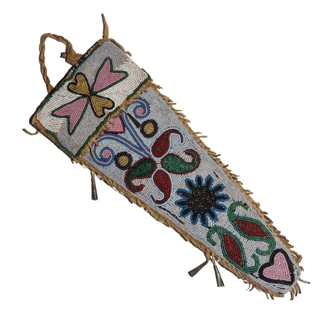 Plateau Beaded Hide Knife Sheath: Plateau Beaded Hide Knife Sheath fourth quarter 19th century thread-sewn with a canvas front and hide back; beaded in colors of pink, black, greasy blue, opaque, translucent green, translucent