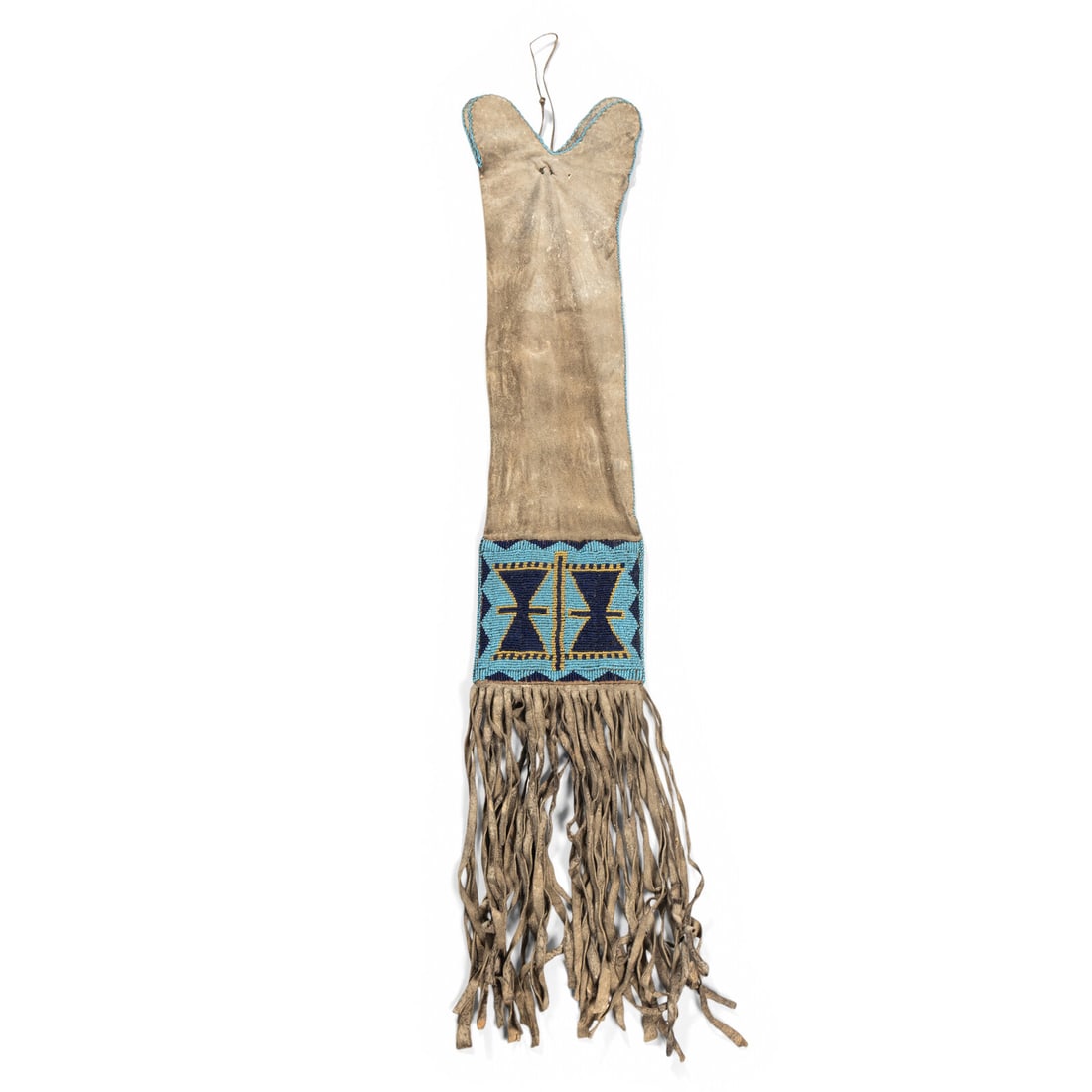 Blackfeet Beaded Hide Tobacco Bag: Blackfeet Beaded Hide Tobacco Bag late 19th century thread-sewn, softly-tanned hide; lower canvas panel beaded with a winged motif in colors of sky blue, cobalt, and greasy yellow overall length 33-1/