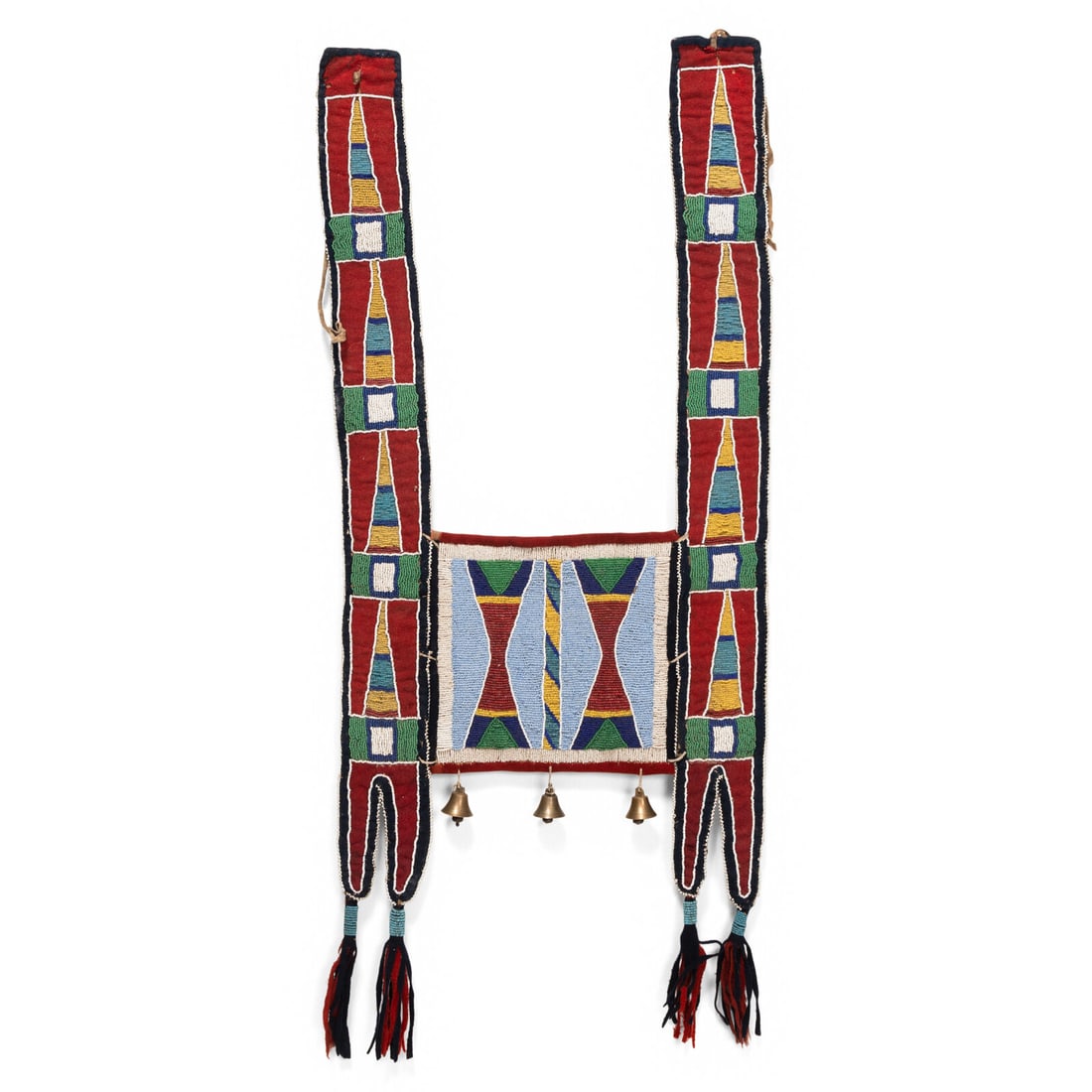 Apsáalooke [Crow] Beaded Martingale: Apsáalooke [Crow] Beaded Martingale late 19th century thread-sewn on a canvas center and hide straps; beaded geometric design in colors of yellow, greasy light blue, jade green, navy blue, light