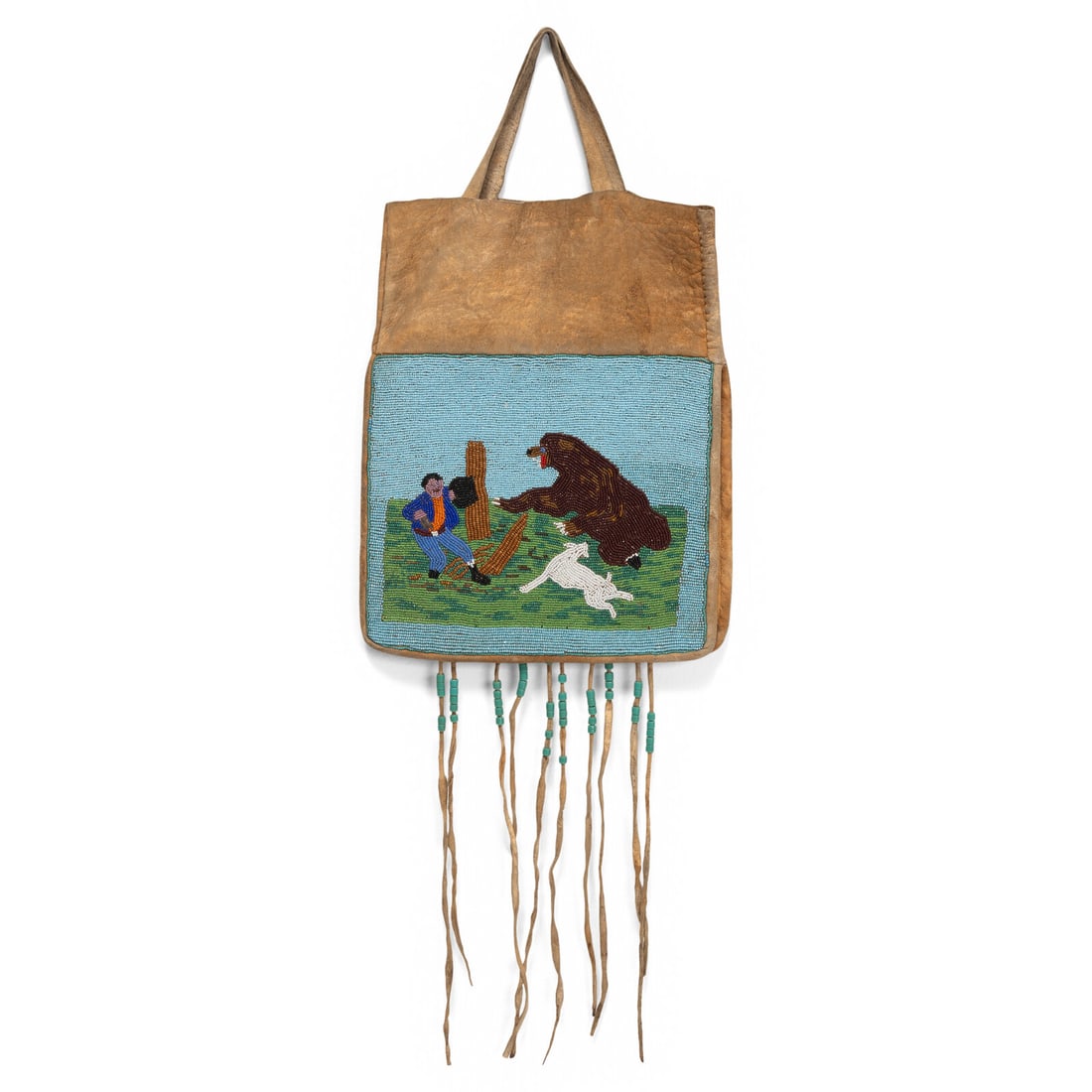 Plateau Beaded Bag, with Bear Hunting Scene: Plateau Beaded Bag, with Bear Hunting Scene early 20th century thread-sewn on thick, smoked-tanned hide and beaded on both sides; one side features a bear hunting scene, depicting an angry bear, hunte
