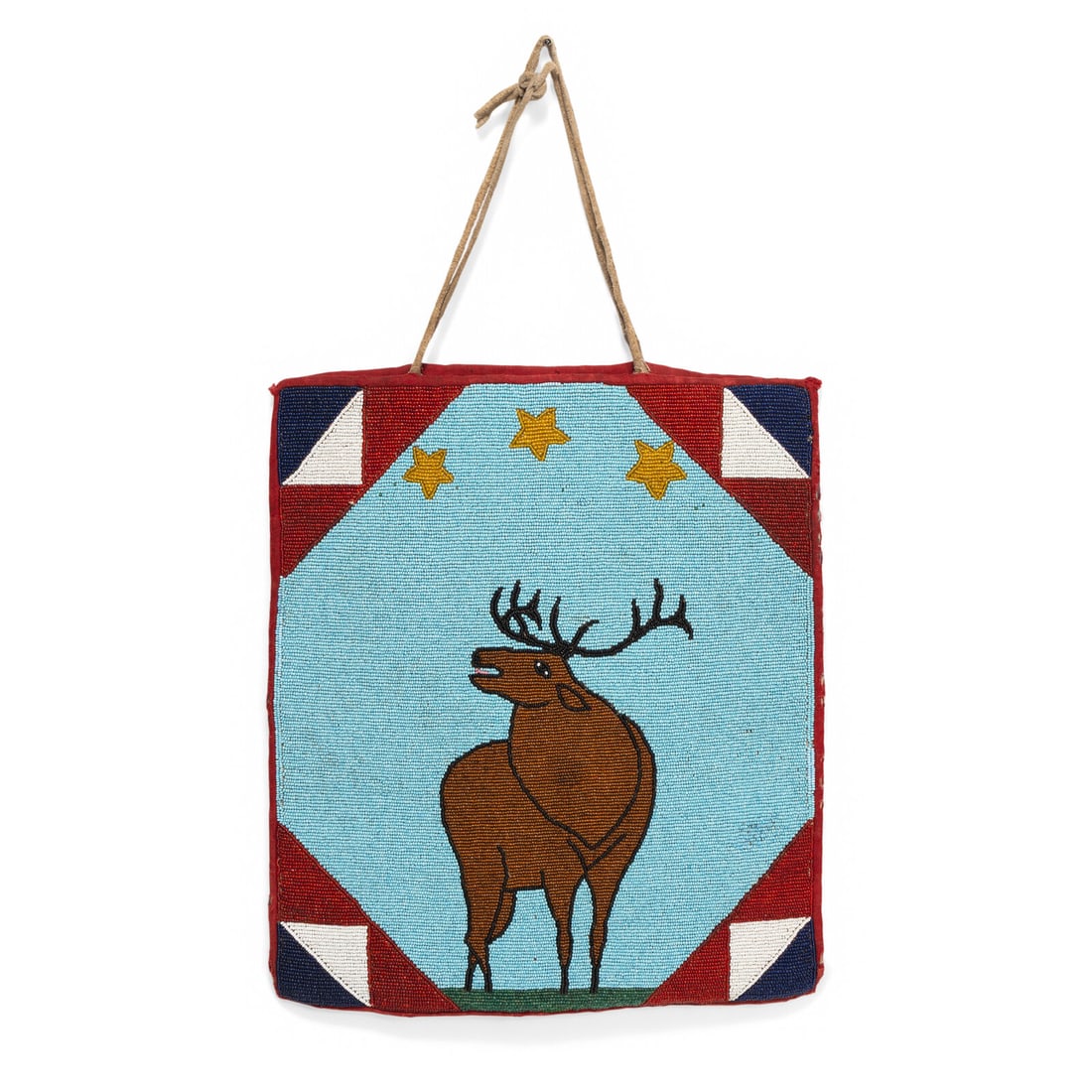Plateau Beaded Flat Bag, with Elk: Plateau Beaded Flat Bag, with Elk second quarter 20th century thread-sewn on canvas; black velvet backing and patterned cotton cloth lining; featuring an elk figure with patriotic corner anchors and t