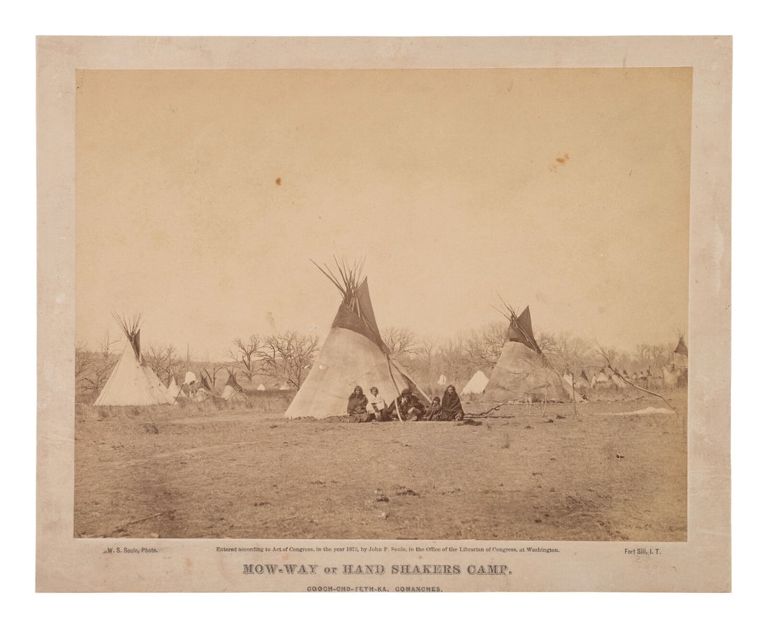 William S. Soule (1836-1908) Mow-Way or Hand Shakers Camp, ca 1870: William S. Soule (1836-1908) Mow-Way or Hand Shakers Camp, ca 1870 albumen photograph 7 x 9 1/4 in. albumen photograph, on 8 1/2 x 10 1/2 in. cardstock mount credited to W.S. Soule, Fort Still,