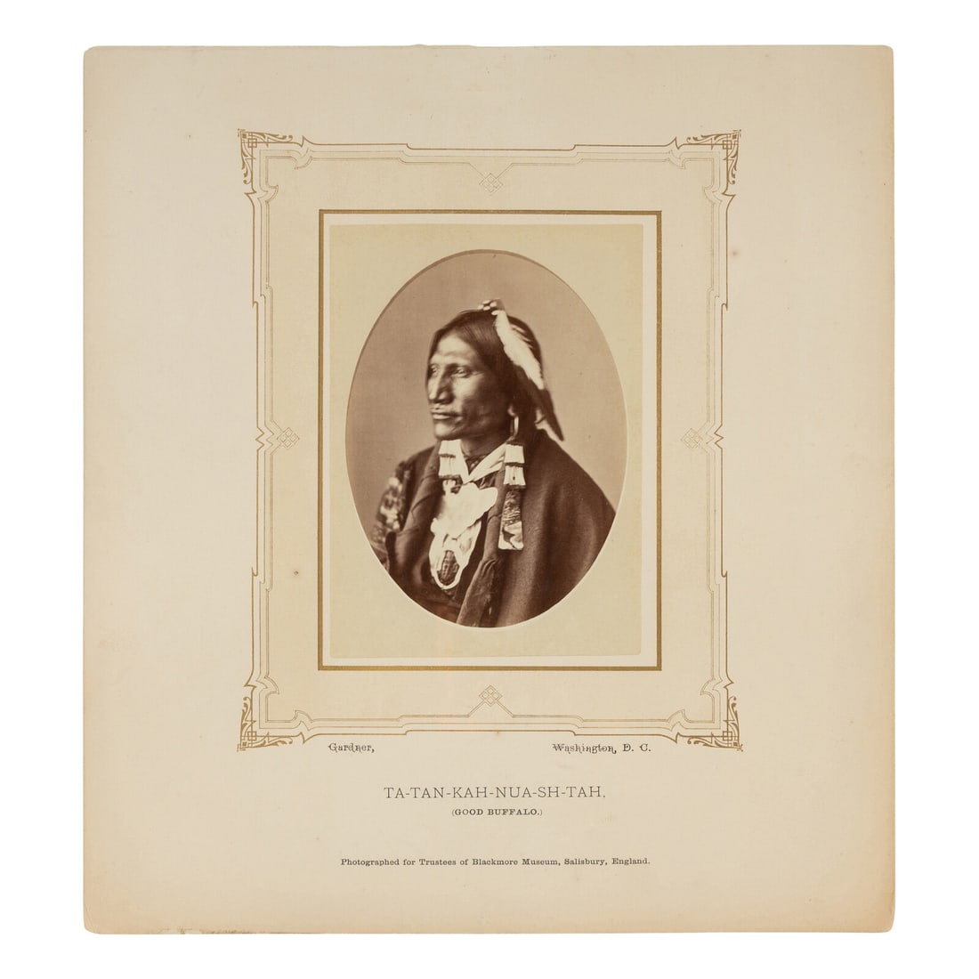 Alexander Gardner (1821-1882) Good Buffalo, Oglala Lakota. Washington, DC, ca 1870: Alexander Gardner (1821-1882) Good Buffalo, Oglala Lakota. Washington, DC, ca 1870 albumen photograph 5 1/4 x 3 3/4 in. albumen photograph, tipped on ornately scrolled Blackmore Museum mount, 11 x 10