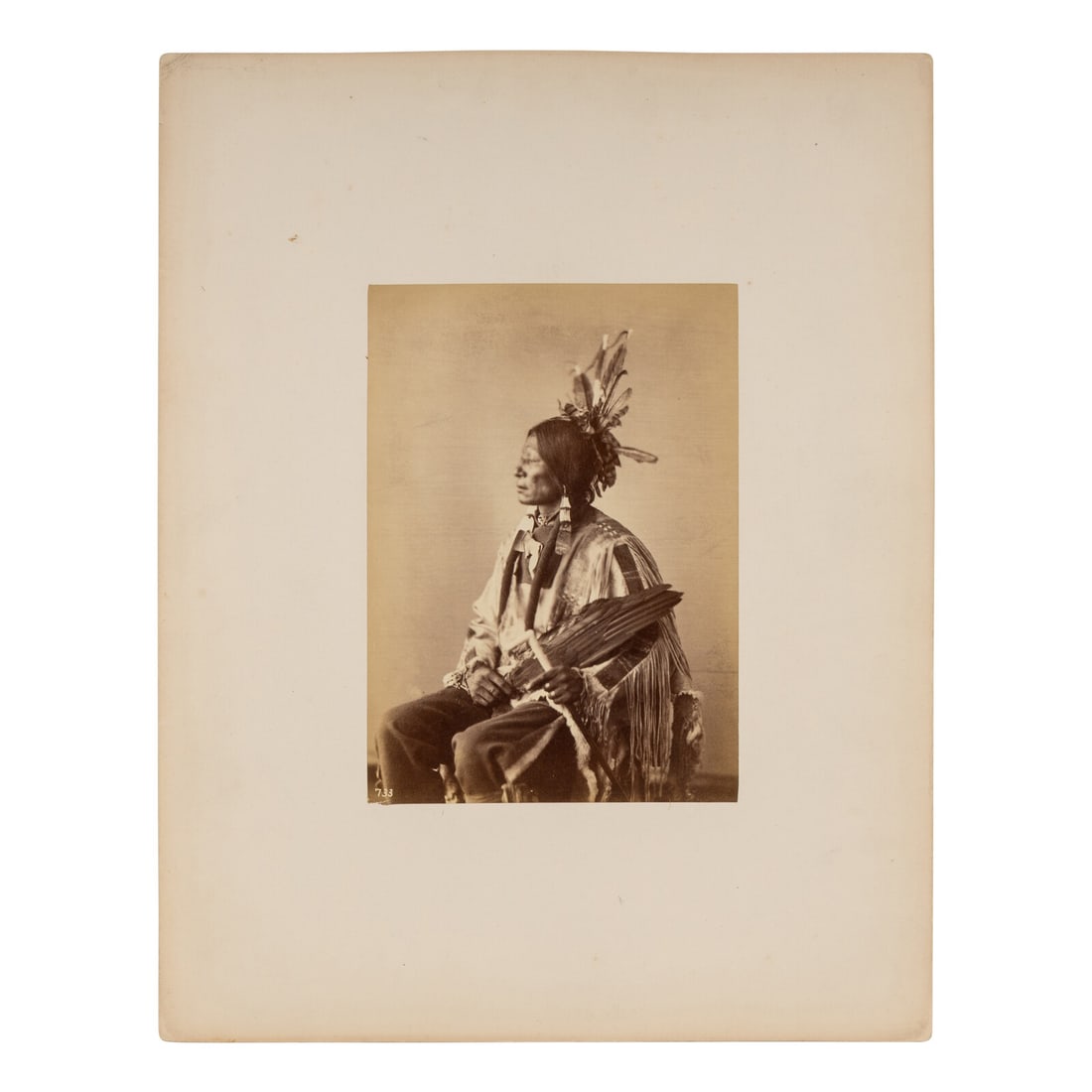 Alexander Gardner (1821-1882) Many Horns, Lakota, 1872: Alexander Gardner (1821-1882) Many Horns, Lakota, 1872 albumen photograph 7 1/4 x 5 1/4 in. albumen photograph on 14 x 10 3/4 in. cardstock mount. With Jackson catalog number 733 written in negative.