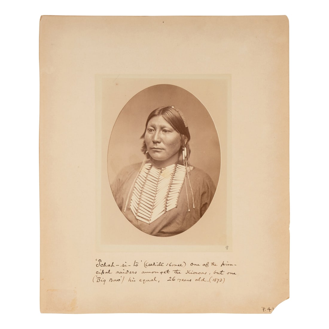 William S. Soule (1836-1908) Kiowa Chief White Horse, 1873: William S. Soule (1836-1908) Kiowa Chief White Horse, 1873 albumen photograph 7 x 5 3/8 in. albumen photograph on 12 x 10 in. cardstock mount with period notation in lower margin, "'Tchah-si-to' (Whit