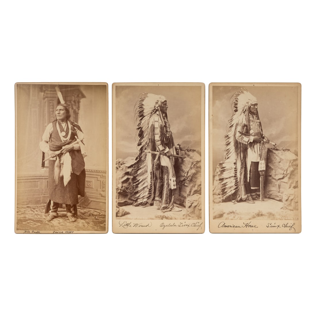 Charles M. Bell AND Mathew Brady (American, 1848-1893 / 1822-1896) Sioux and Ponca Chiefs, including: Charles M. Bell AND Mathew Brady (American, 1848-1893 / 1822-1896) Sioux and Ponca Chiefs, including Little Wound, American Horse, and Big Snake albumen boudoir photographs three boudoir photographs o