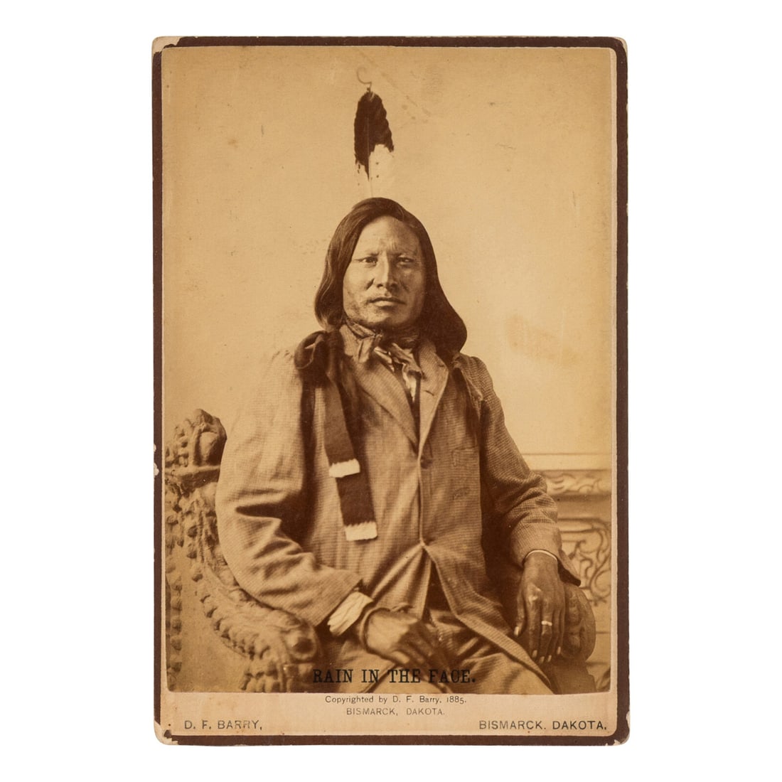 David F. Barry (1854-1934) Rain-in-the-Face, Lakota, 1885: David F. Barry (1854-1934) Rain-in-the-Face, Lakota, 1885 cabinet card cabinet photograph on cardstock mount of the Lakota war chief Rain-in-the-Face, his name printed in lower margin of photograph. M