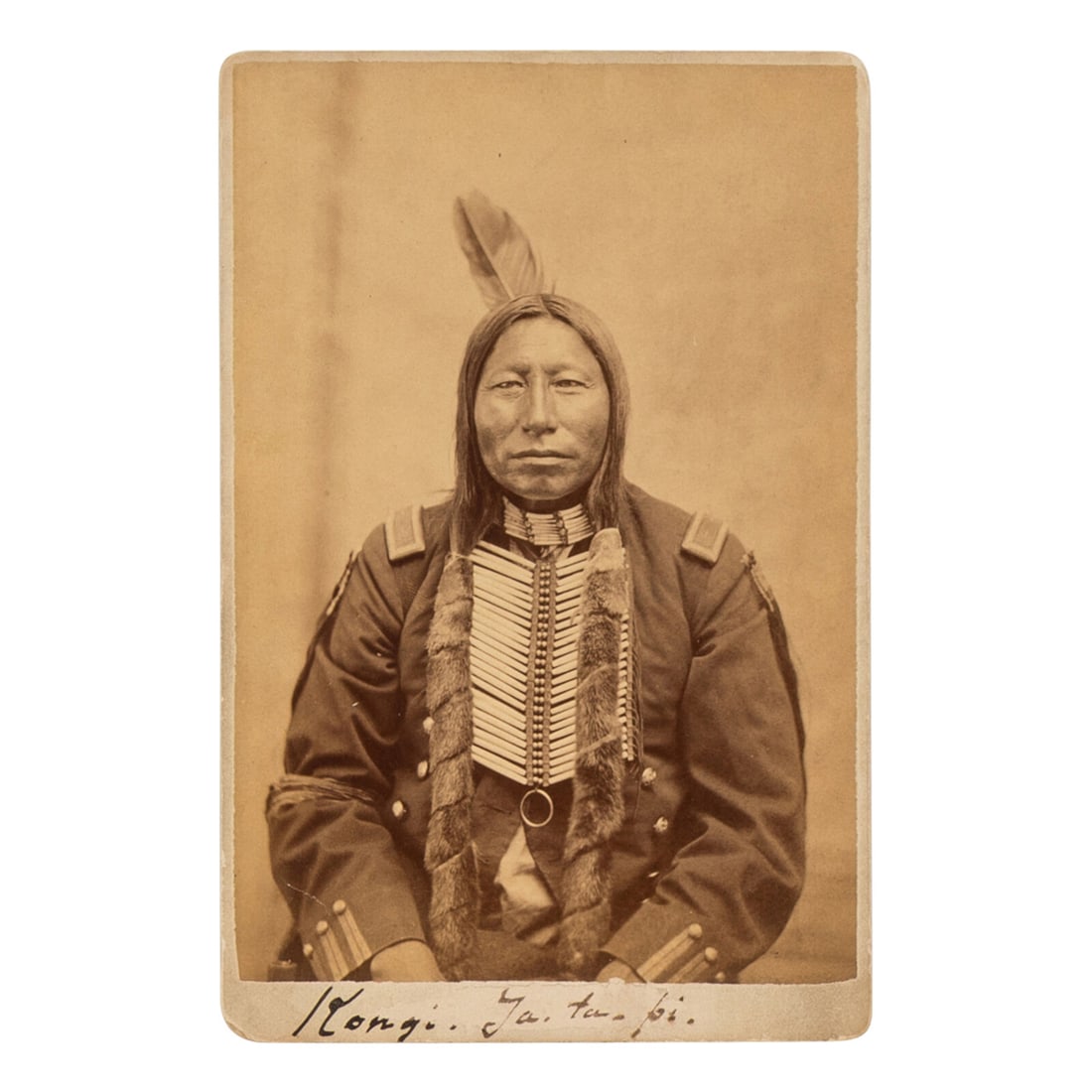 David F. Barry (1854-1934) Crow King, Hunkpapa Sioux: David F. Barry (1854-1934) Crow King, Hunkpapa Sioux cabinet card portrait of Crow King in US Major's army jacket with bone hairpipe breastplate, with ink identification below image, "Kangi Ya-ta-pi."