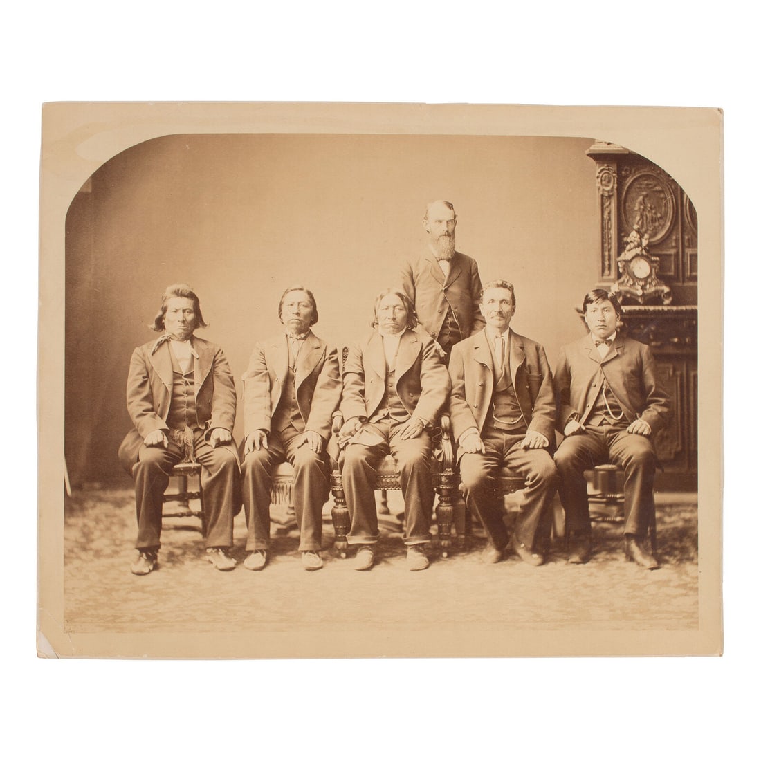 ca 1880 Mammoth Plate Albumen Photograph of the Sisseton Yanktonai Delegation: ca 1880 Mammoth Plate Albumen Photograph of the Sisseton Yanktonai Delegation albumen photograph 16 x 20 in. albumen photograph (including margins) on cardstock mount. A studio portrait of six men bel
