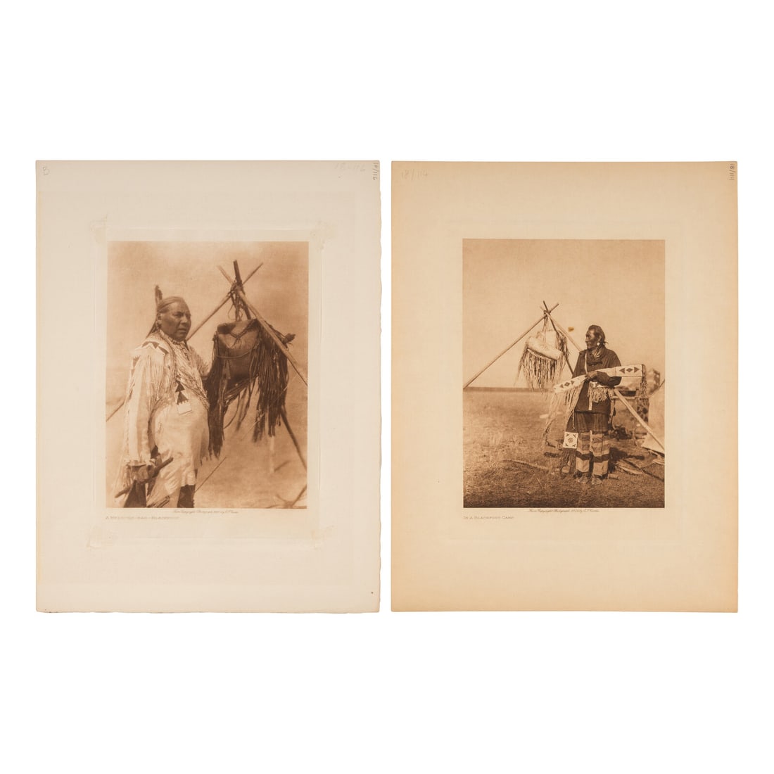 Edward Curtis (1868-1952) Photogravures of Piegan and Blackfoot Subjects: Edward Curtis (1868-1952) Photogravures of Piegan and Blackfoot Subjects lot of 8 photogravures with 1910-1926 copyright dates, images approx. 7 1/4 x 5 1/4 in. (12 1/2 x 9 1/2 in. sheet). 1 volume ph