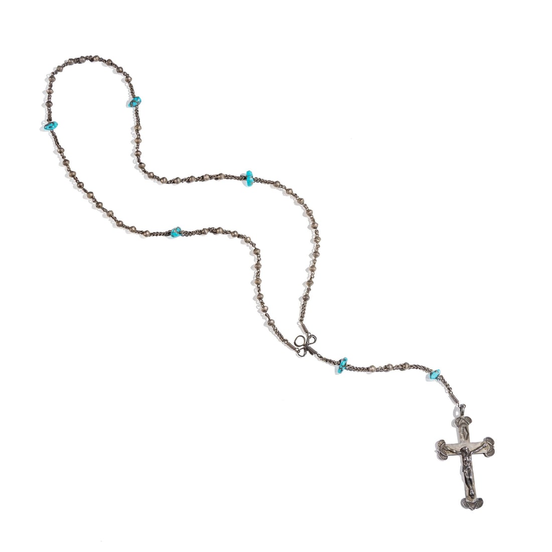 Spanish Colonial Silver and Turquoise Rosary: Spanish Colonial Silver and Turquoise Rosary early 20th century stamped cross pendant attached to a handmade chain decorated with handmade beads, filigree, and turquoise nuggets necklace length 26 inc