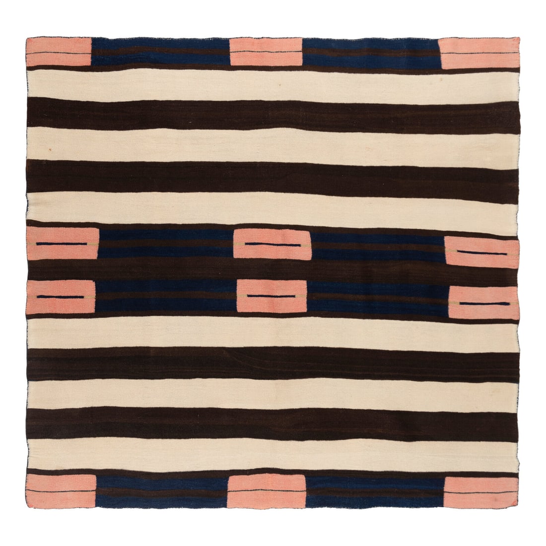 Navajo Second Phase Blanket [Rug]: Navajo Second Phase Blanket [Rug] fourth quarter 19th century soft, handspun wool; woven with colors of dark brown, cream, yellow, and carded red; 12 rectangular anchor points 55-1/2 x 58-1/2 inches;
